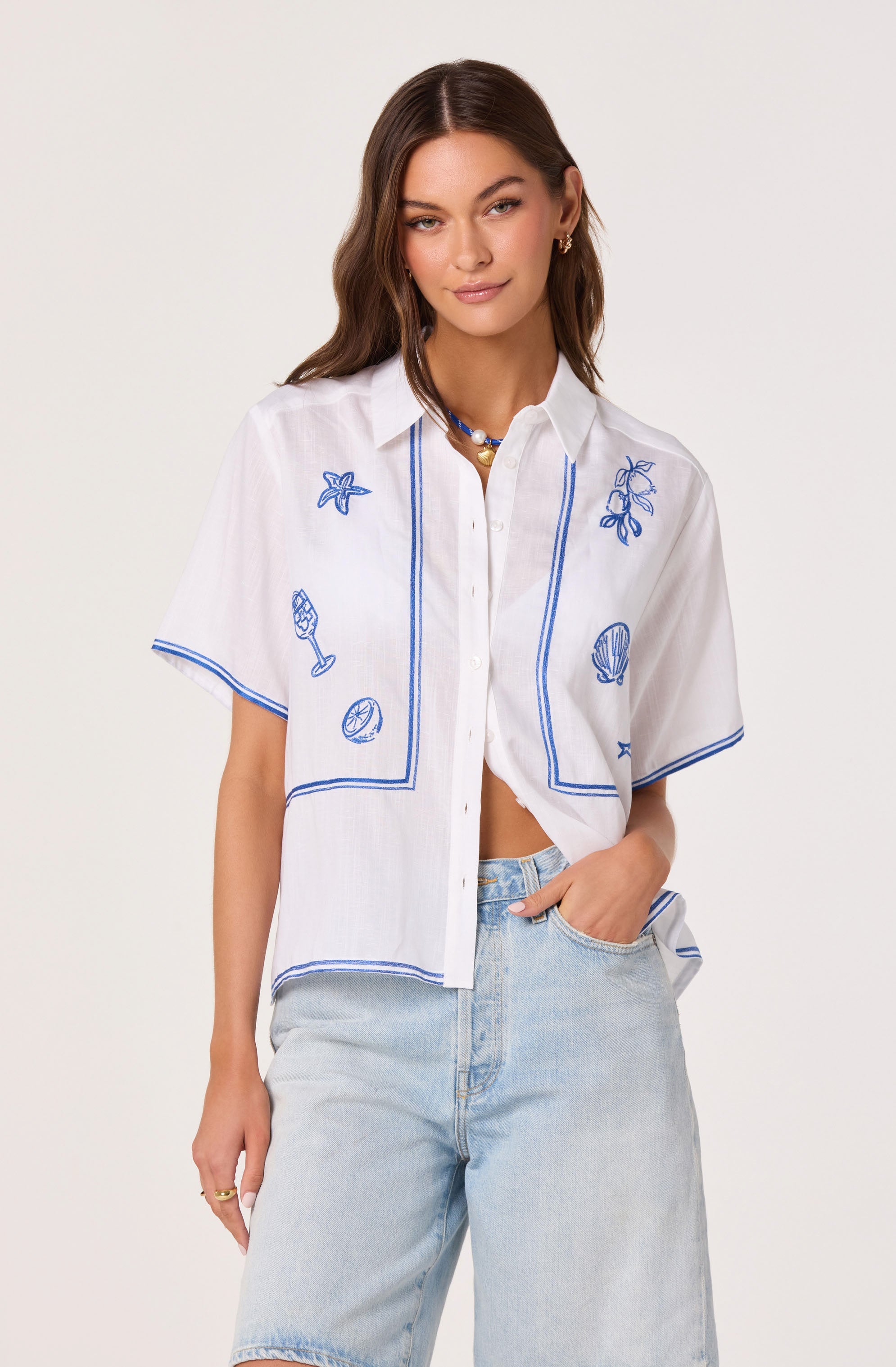 Trace Embroidered Linen Button-Up Shirt