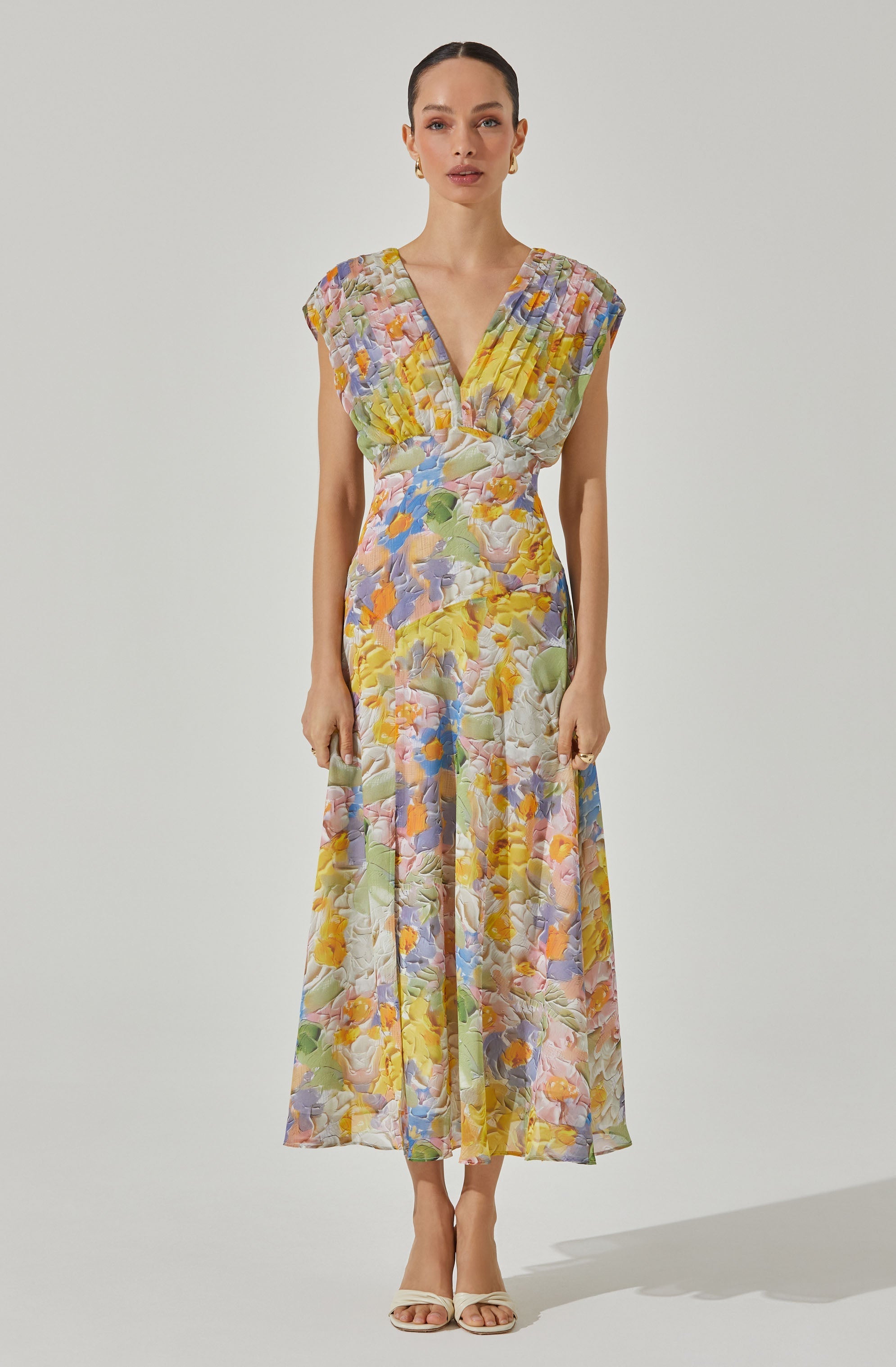 V-Neck Pleated Floral Midi Dress