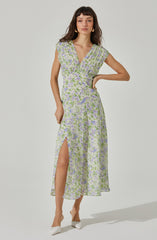 V-Neck Pleated Floral Midi Dress