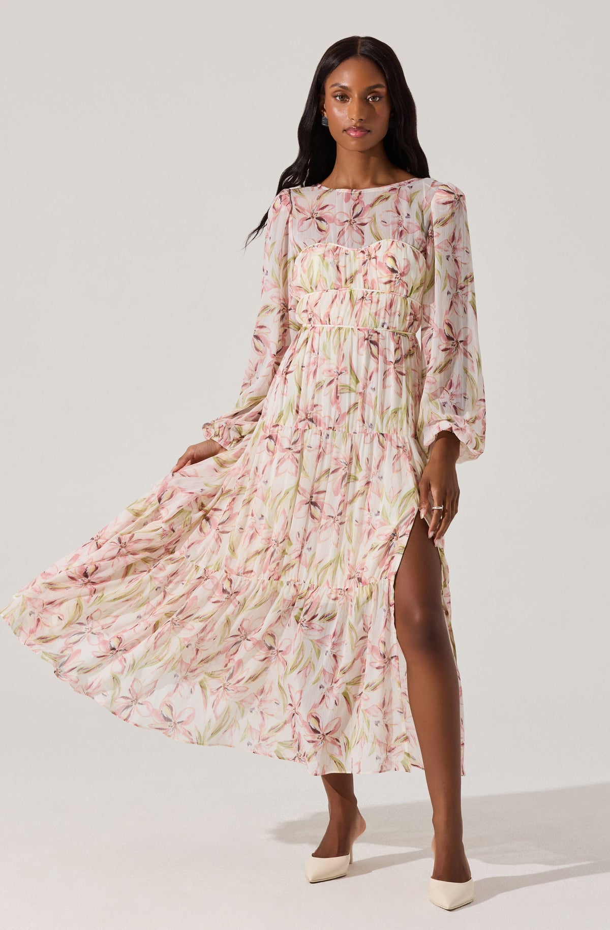 Pleated Chiffon Floral Midi Dress