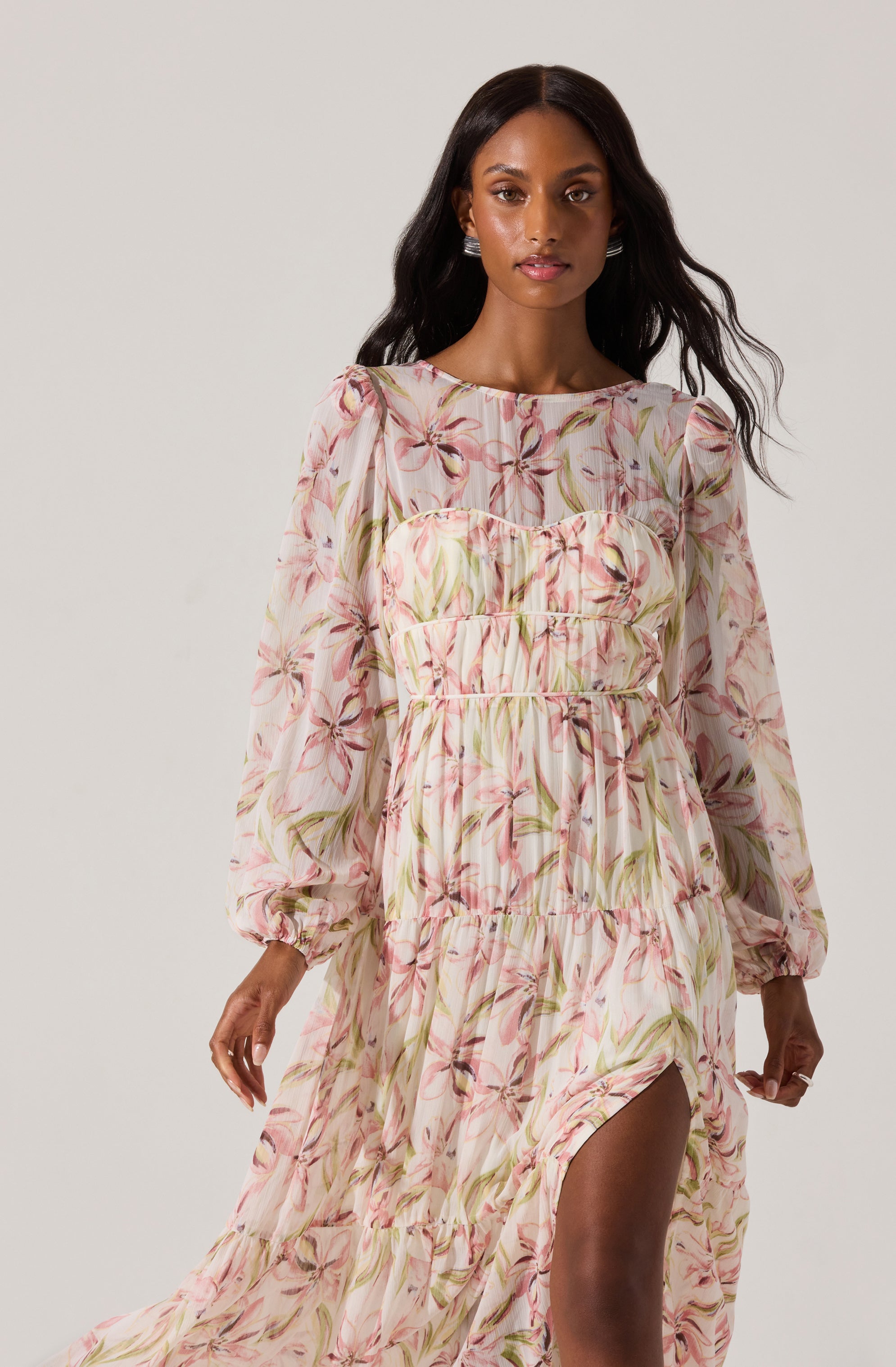 Pleated Chiffon Floral Midi Dress