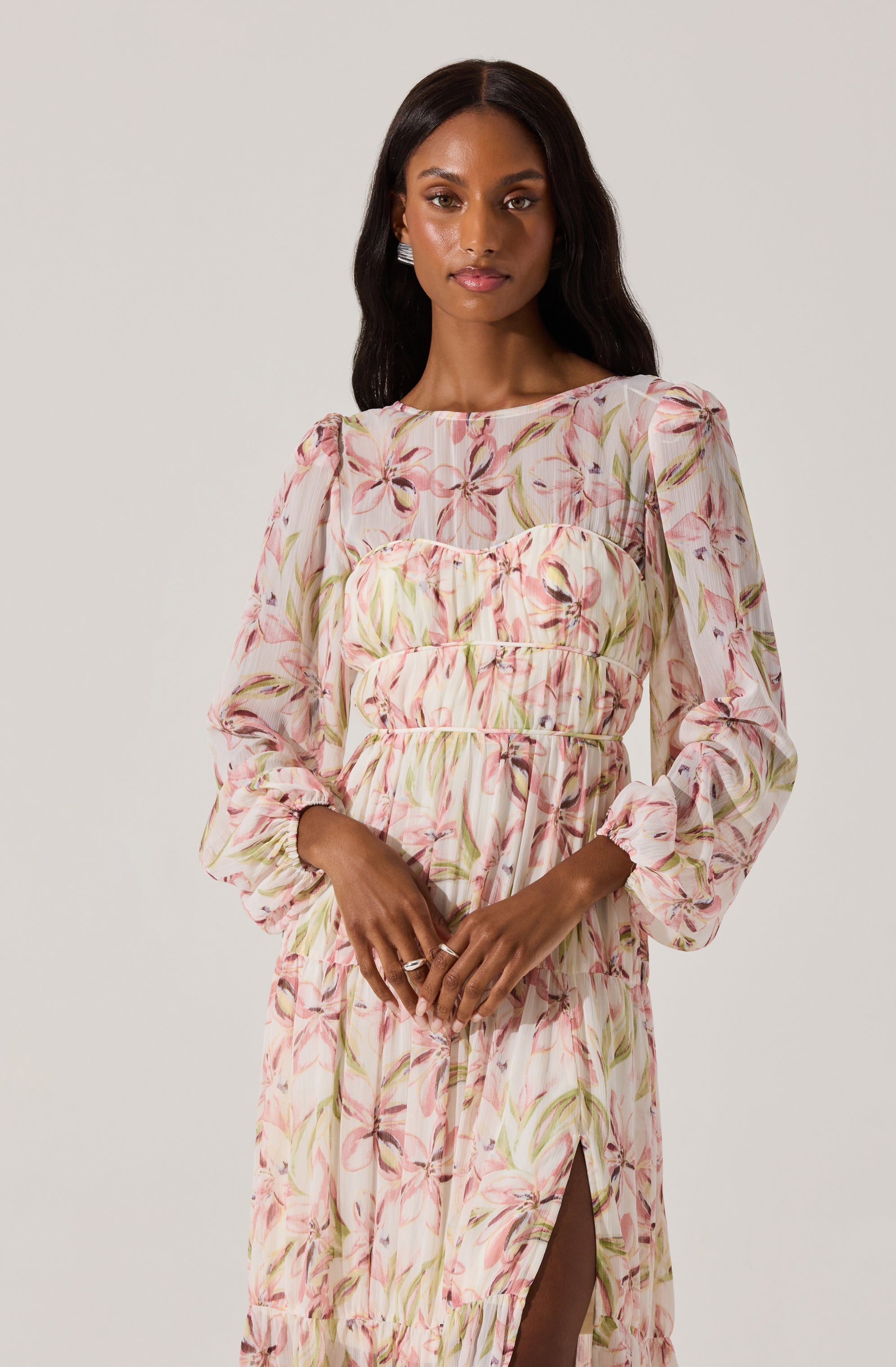 Pleated Chiffon Floral Midi Dress