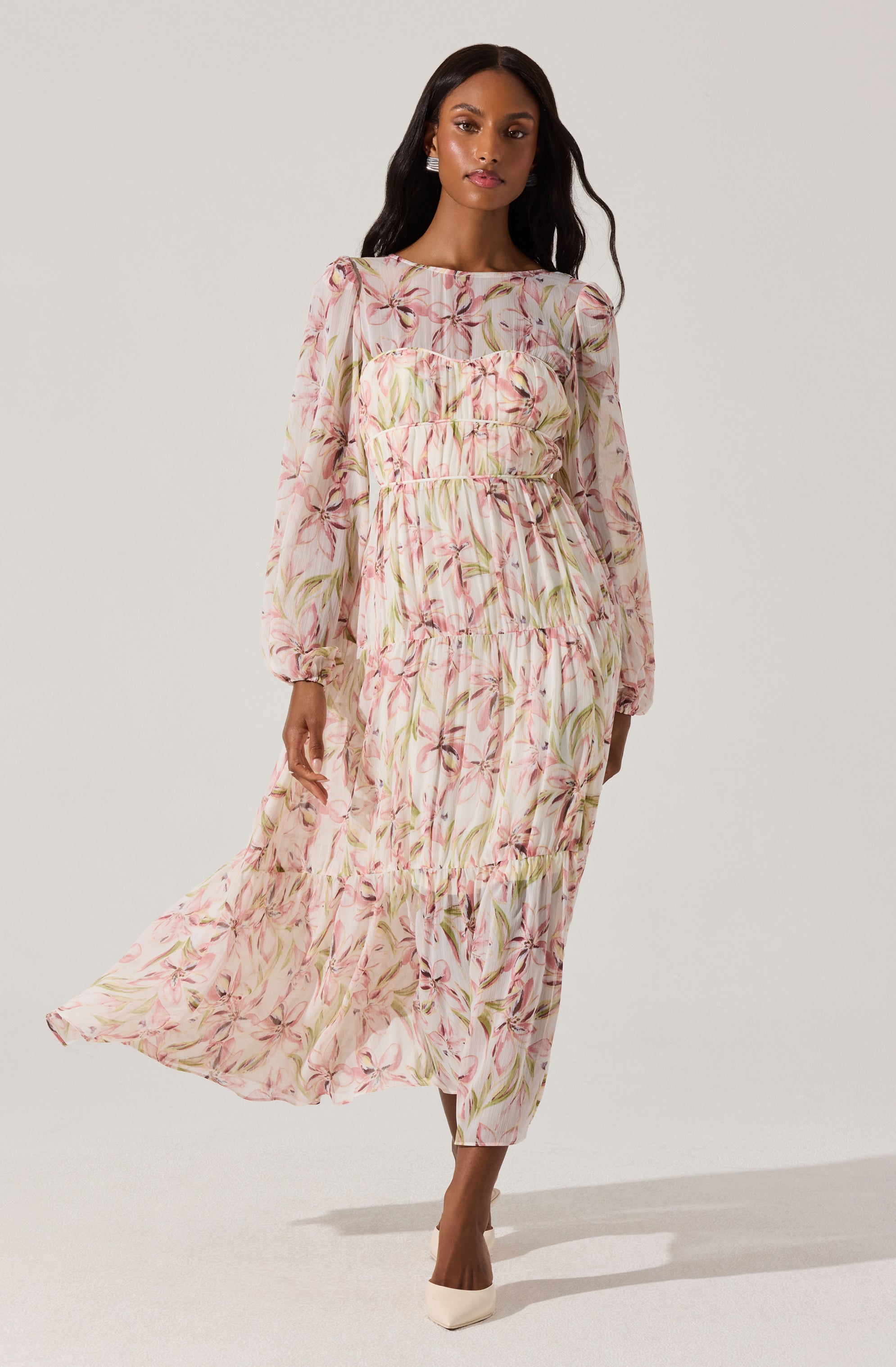 Pleated Chiffon Floral Midi Dress
