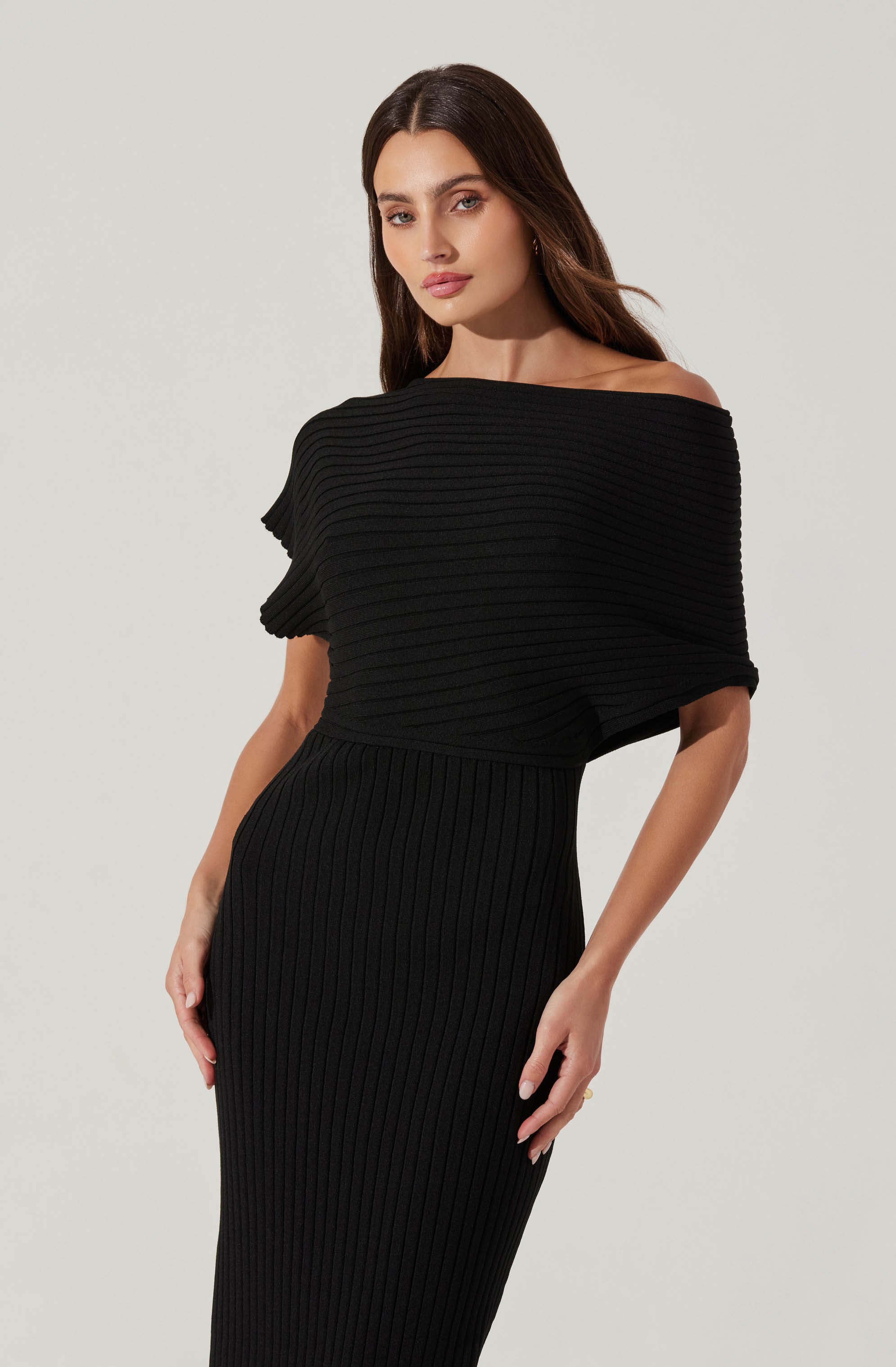 Off Shoulder Ribbed Midi Sweater Dress