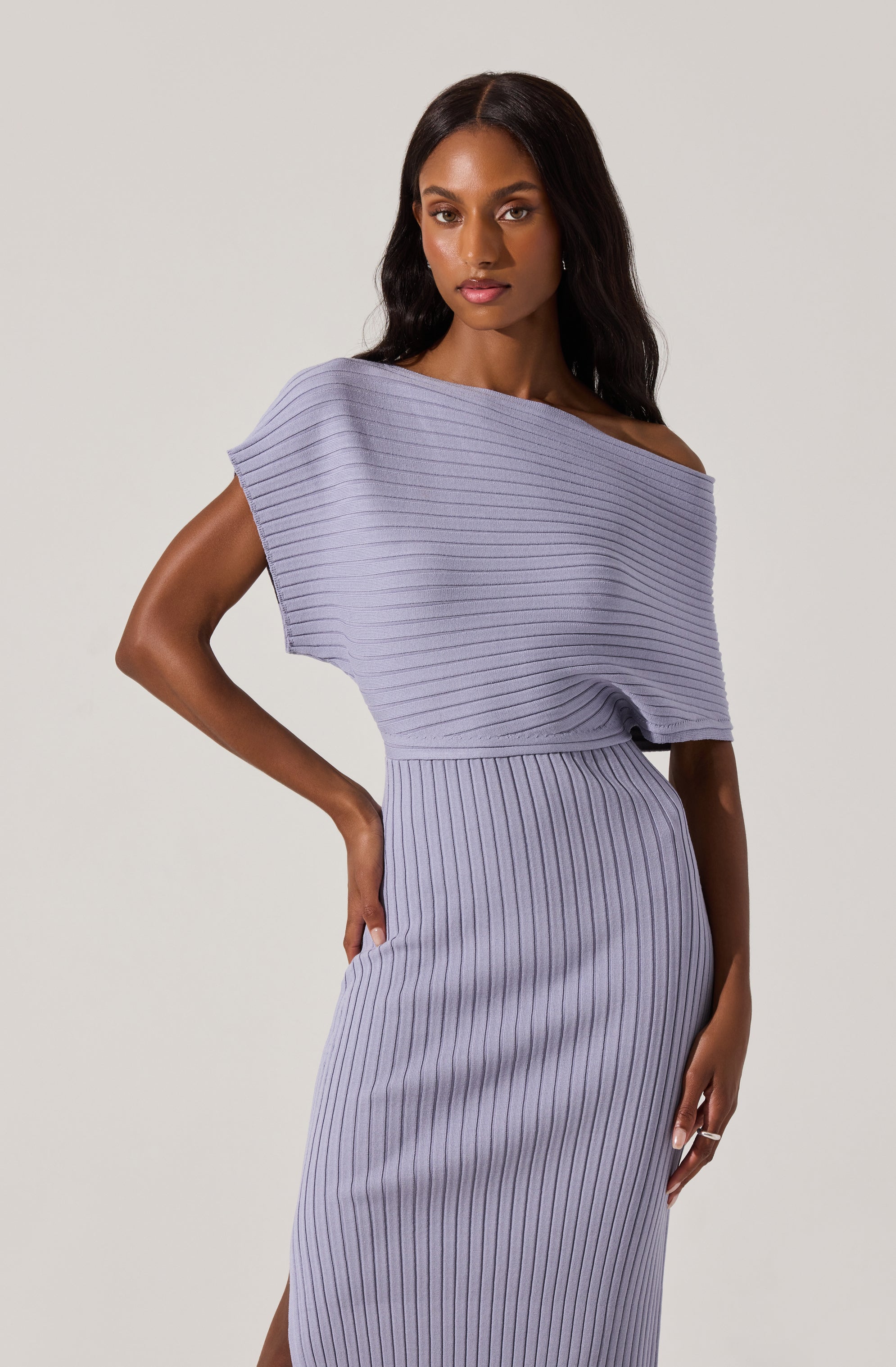 Off Shoulder Ribbed Midi Sweater Dress