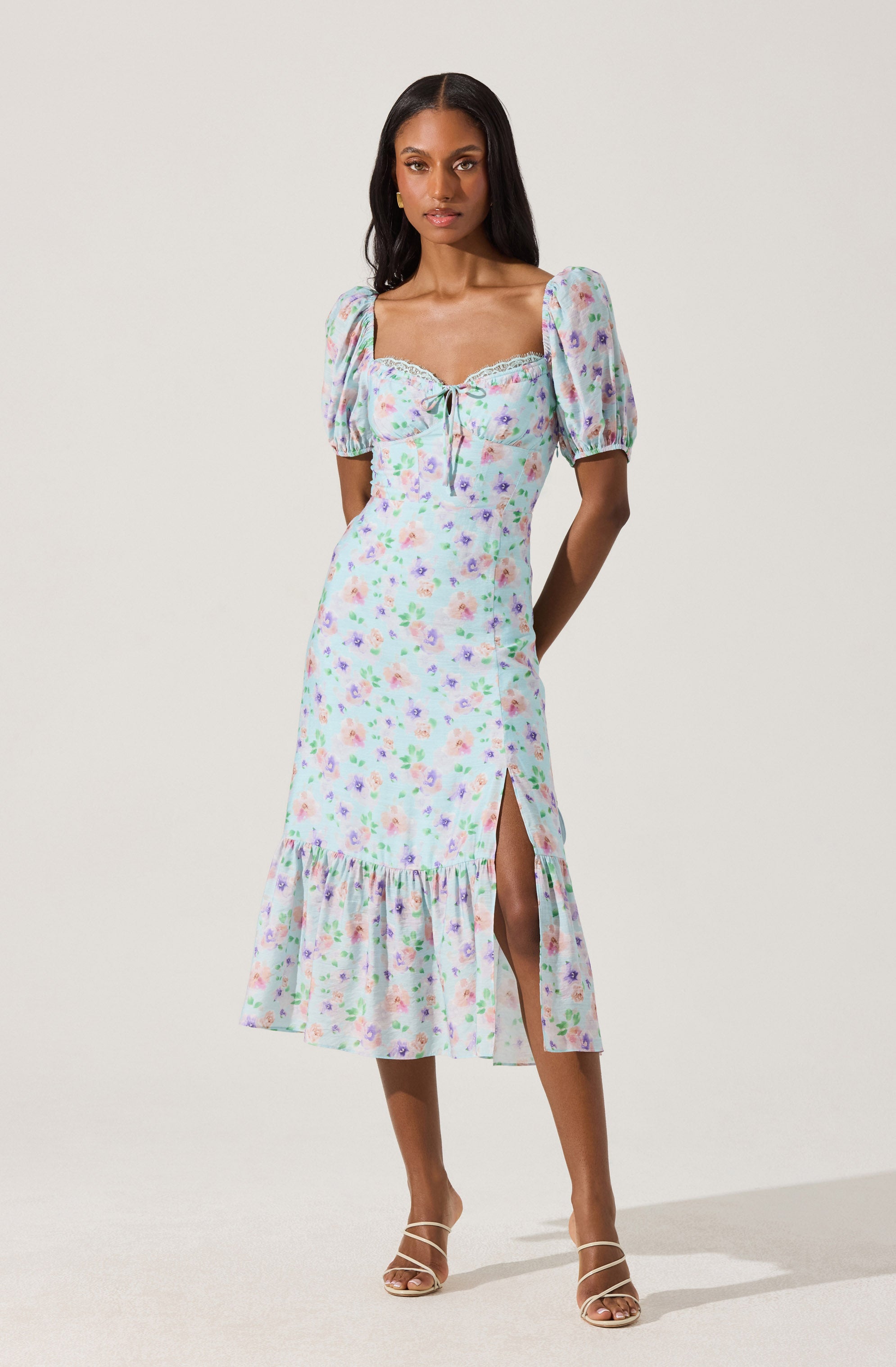 Lace Trim Bustier Floral Midi Dress