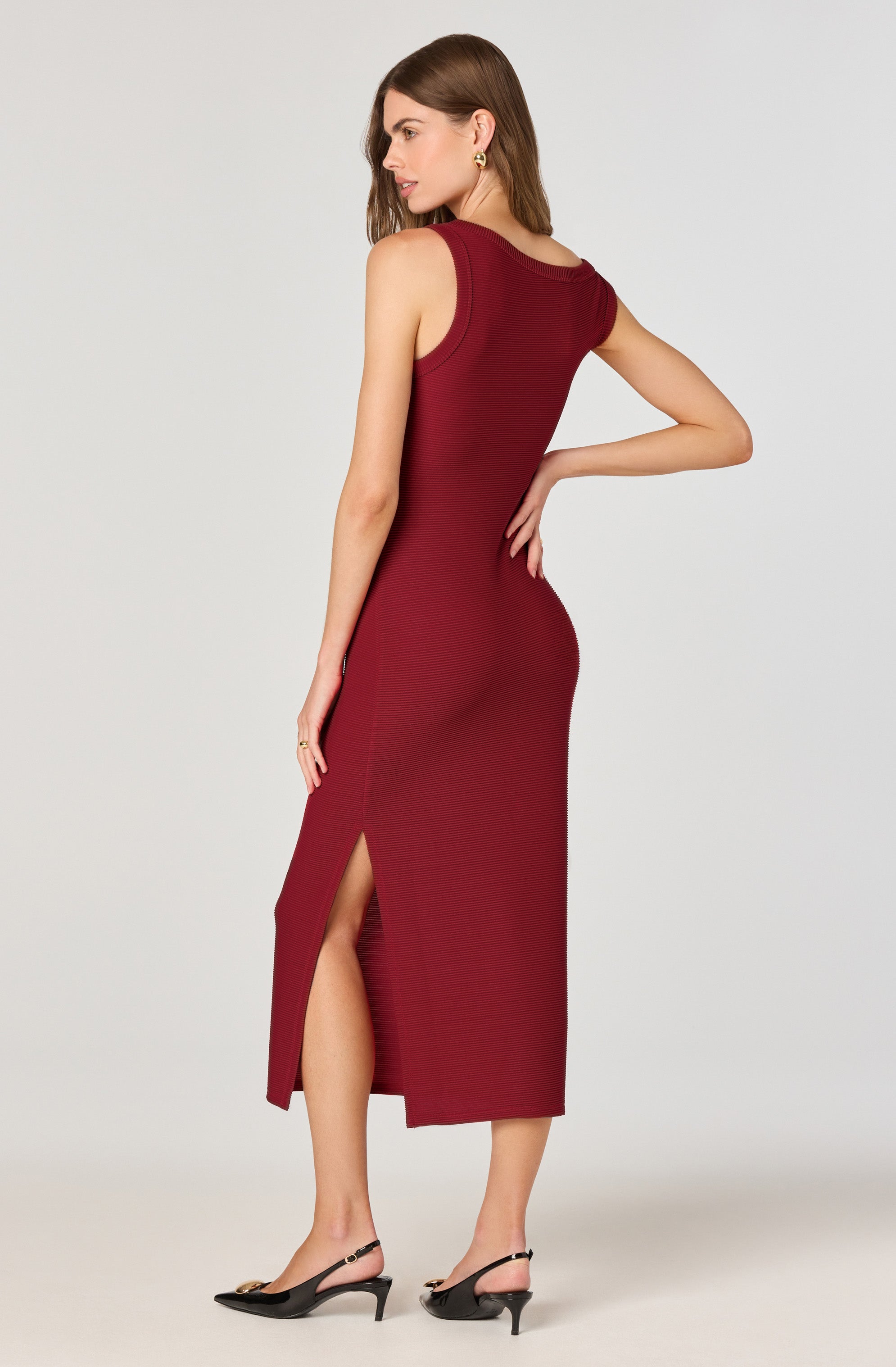 Off Shoulder Ribbed Knit Midi Dress