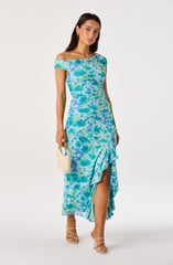 Off Shoulder Ruched Floral Midi Dress