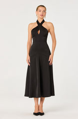 Satin Crossover Halter Midi Dress
