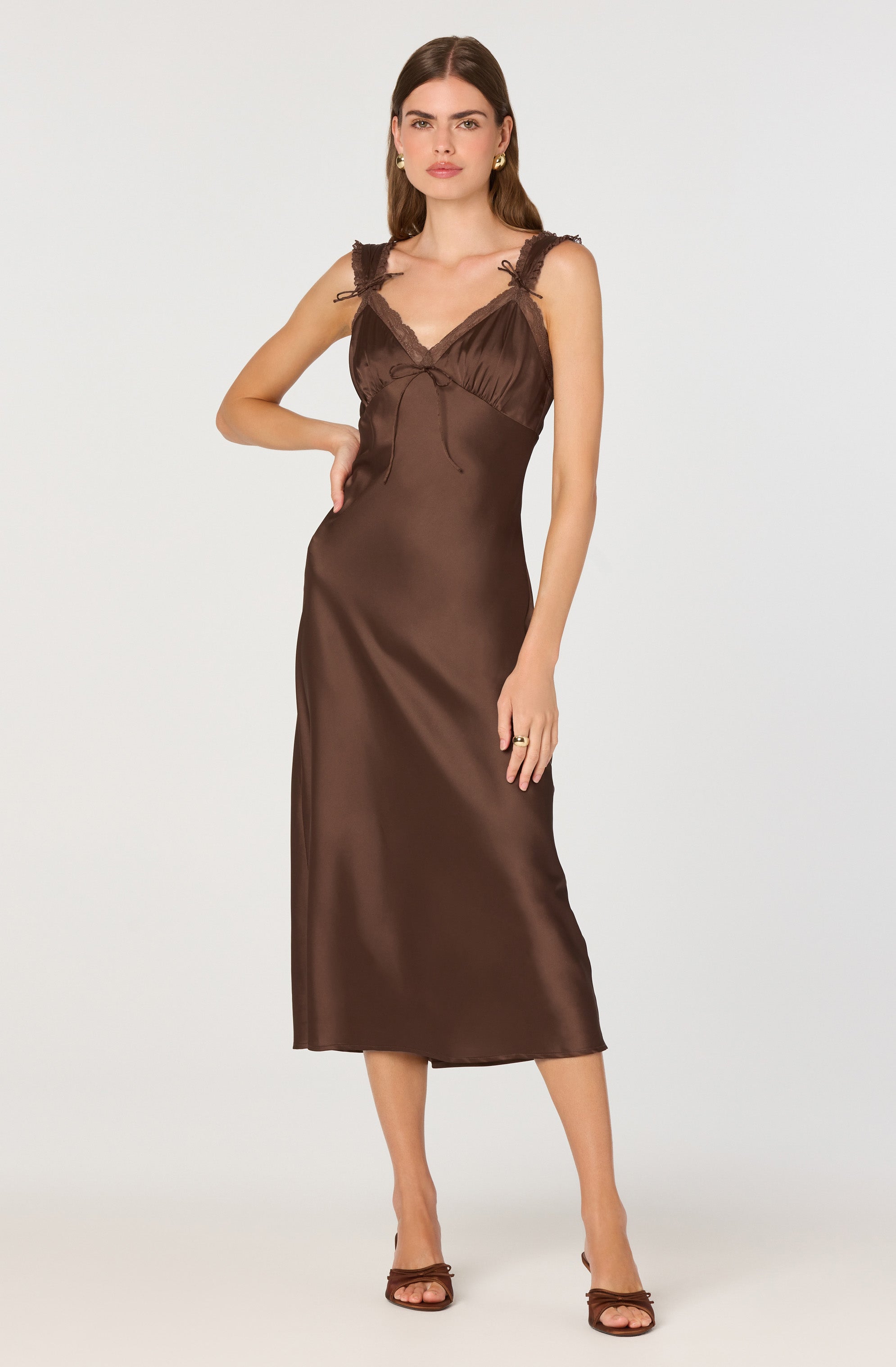 Lace Trim Satin Slip Midi Dress