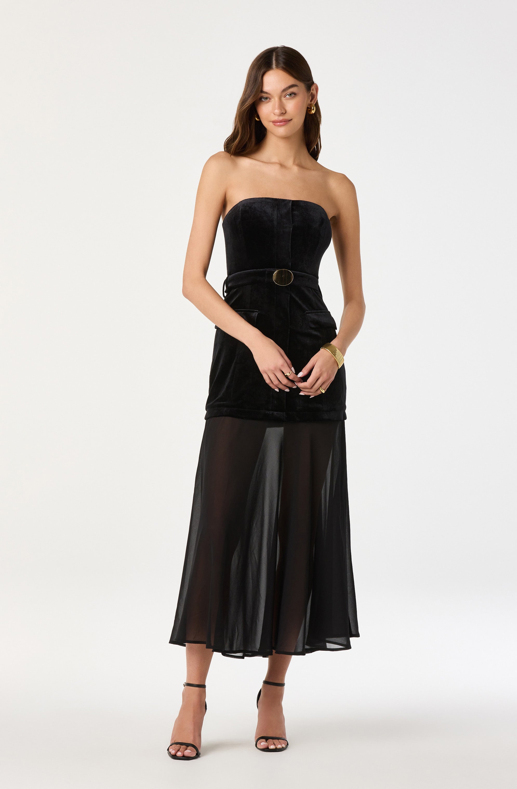 Strapless Contrast Belted Midi Dress