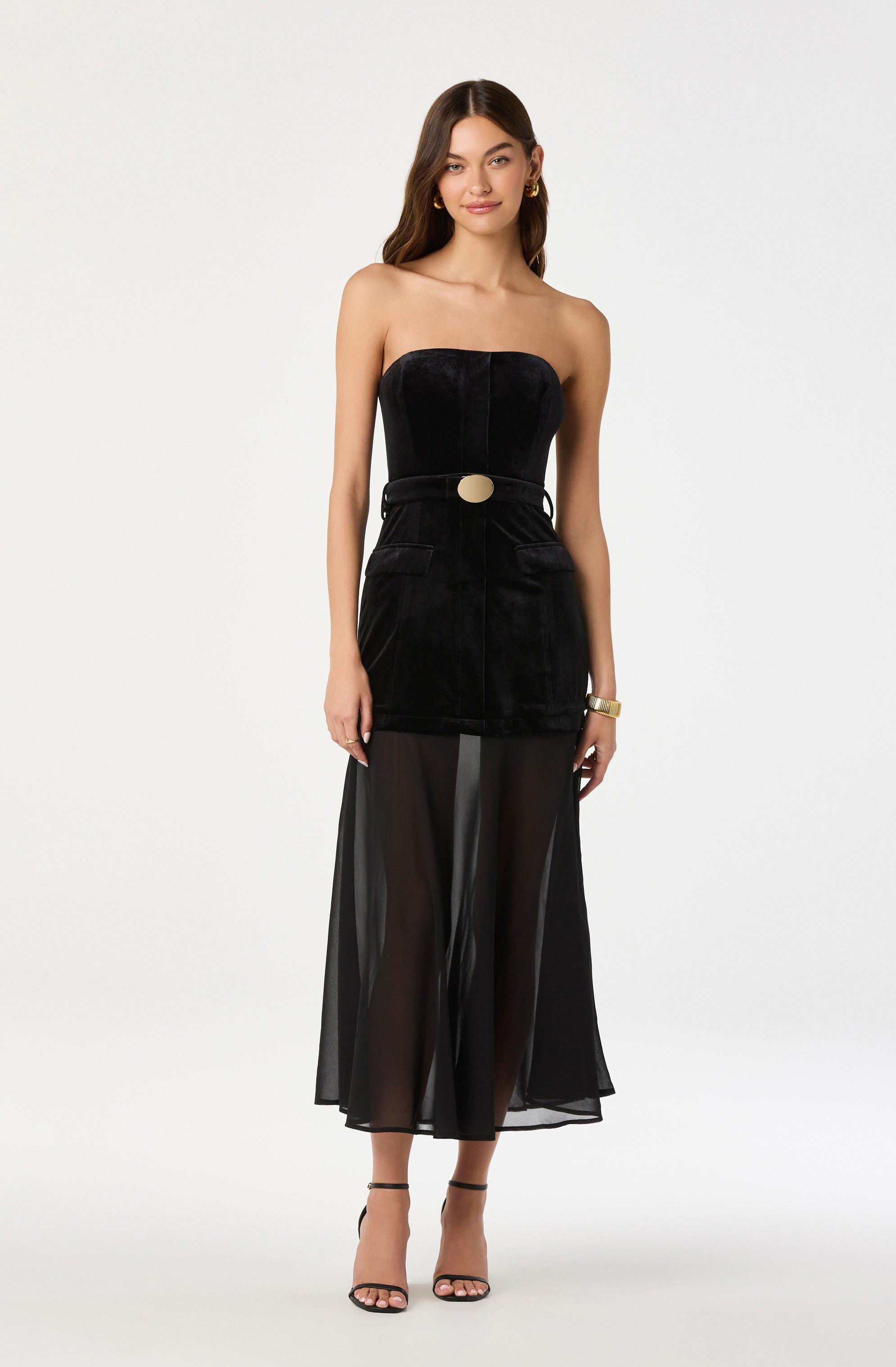 Strapless Contrast Belted Midi Dress