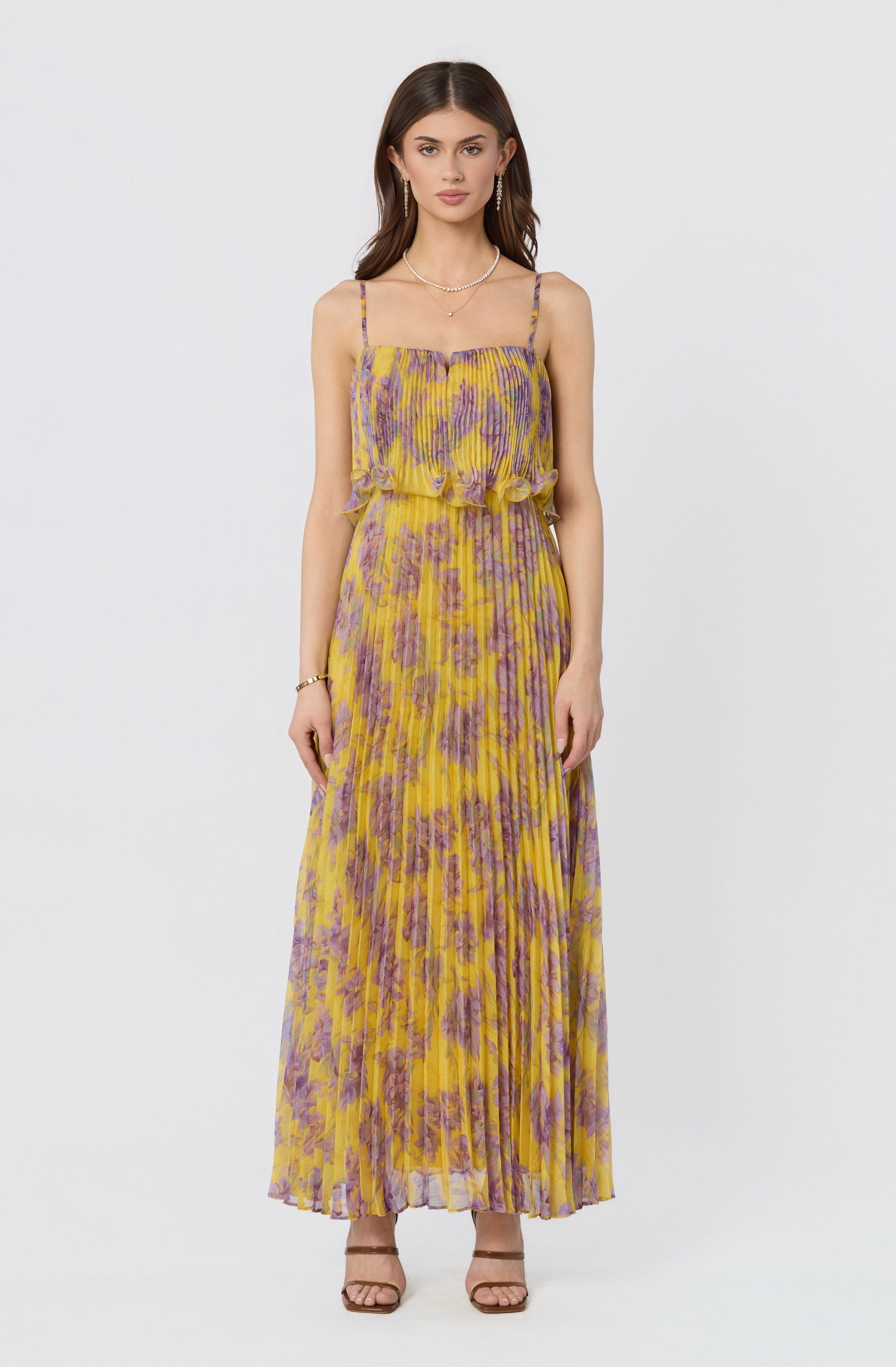 Makennah Plissé Floral Maxi Dress