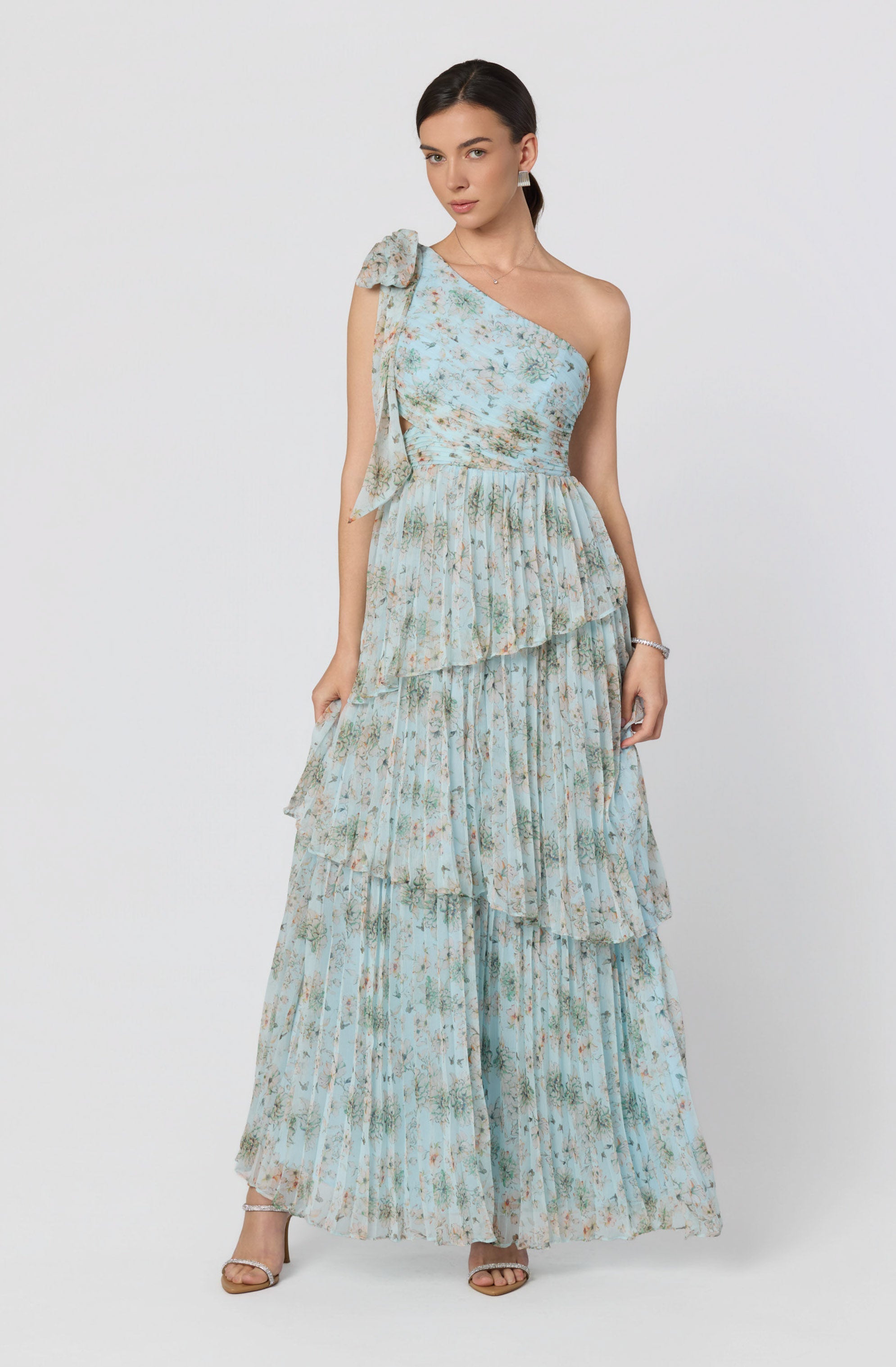 Tearra Floral One-Shoulder Tiered Maxi Dress