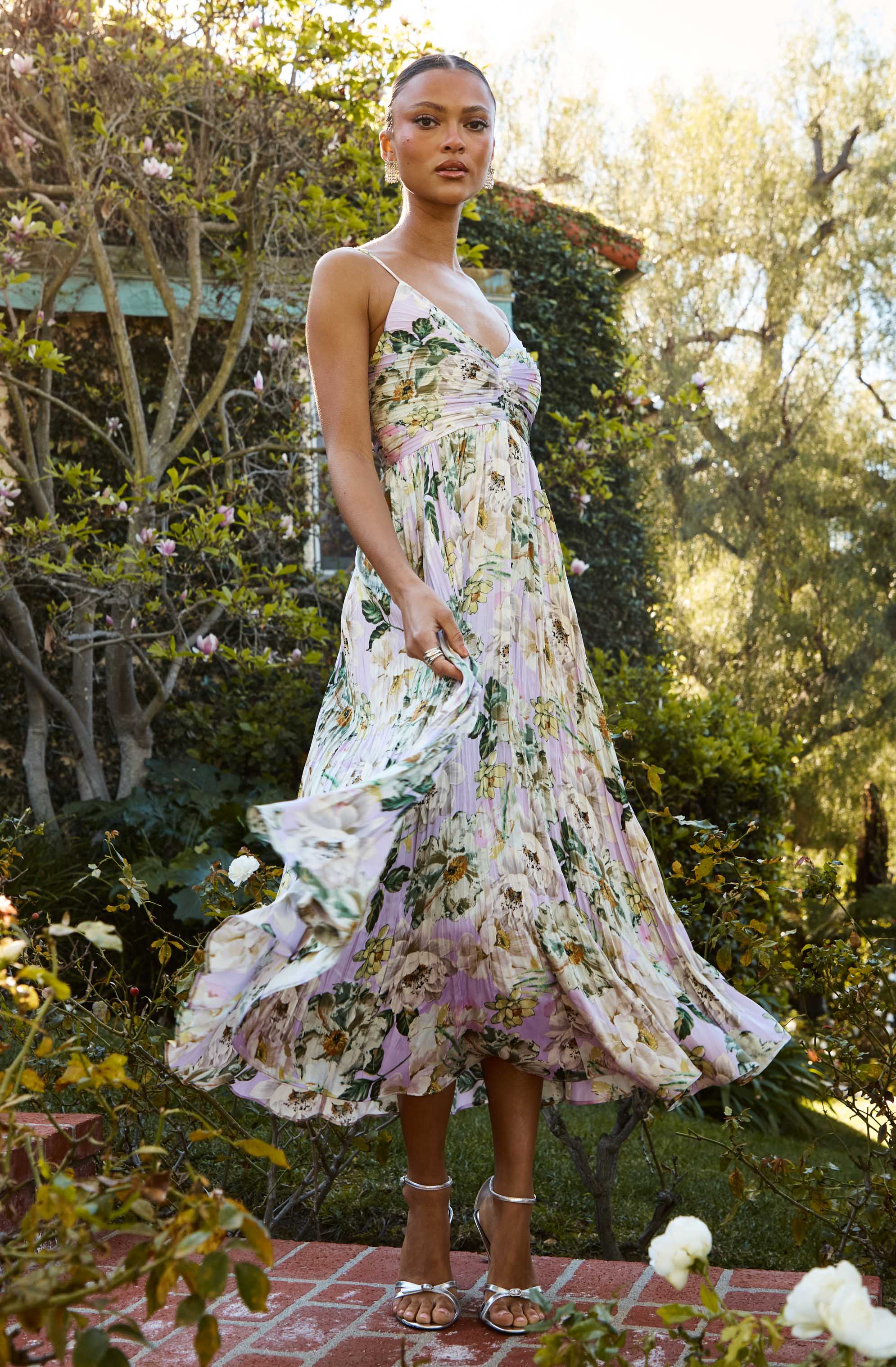 Maeve Pleated Satin Midi Dress