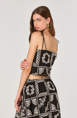 Tie-Strap Embroidered Cutwork Top