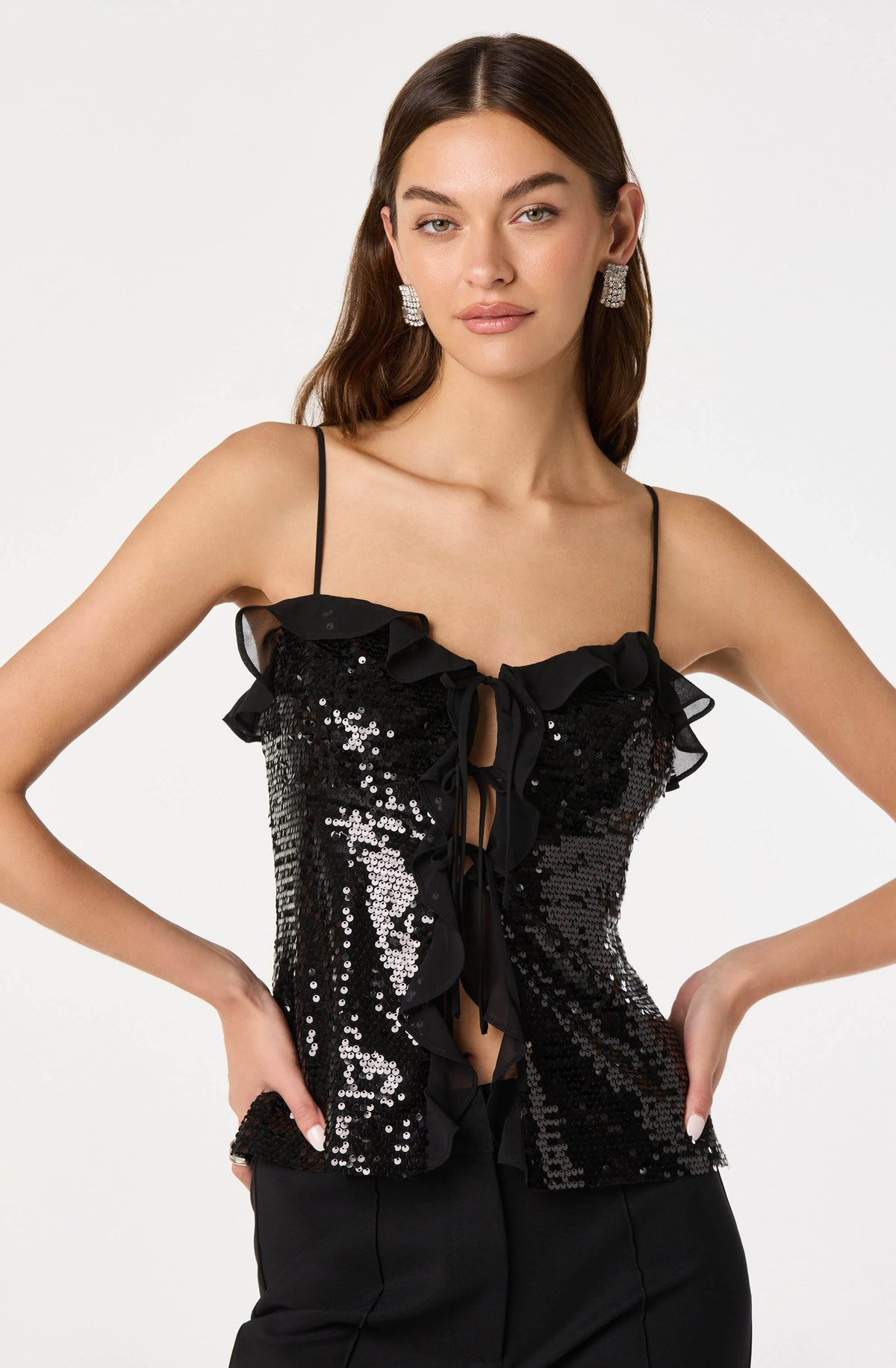 Sequin Ruffle Trim Tie Top