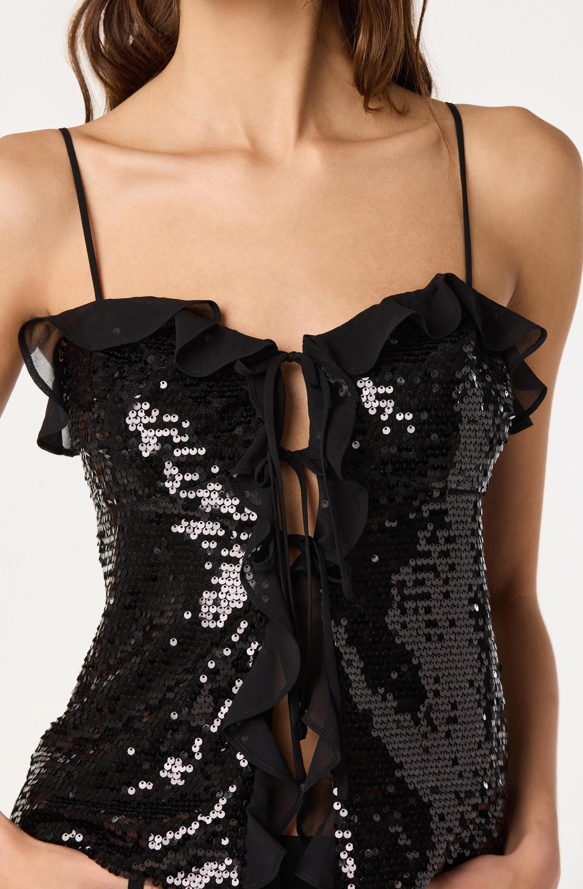 Sequin Ruffle Trim Tie Top