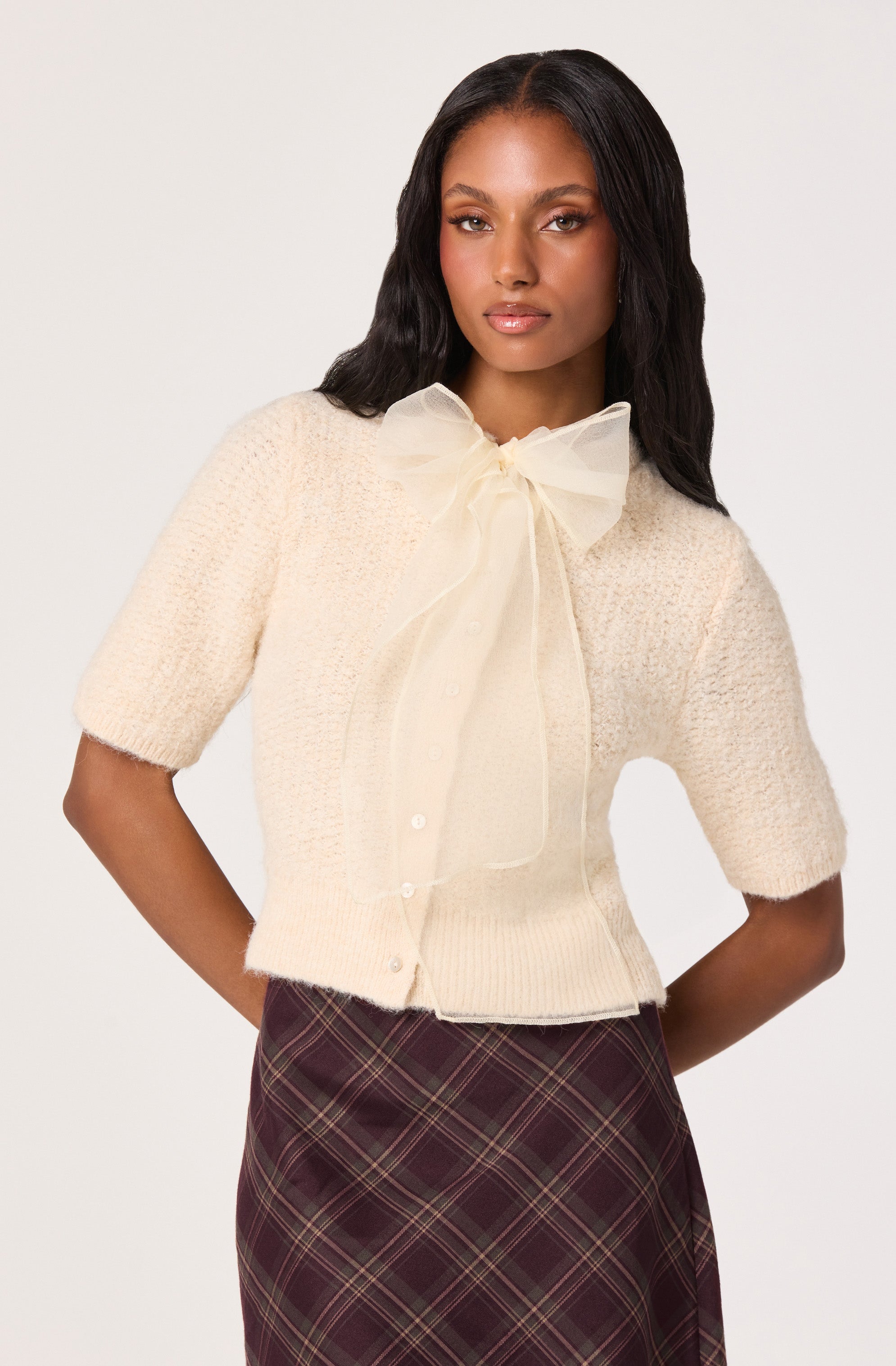 Organza Bow Short Sleeve Cardigan