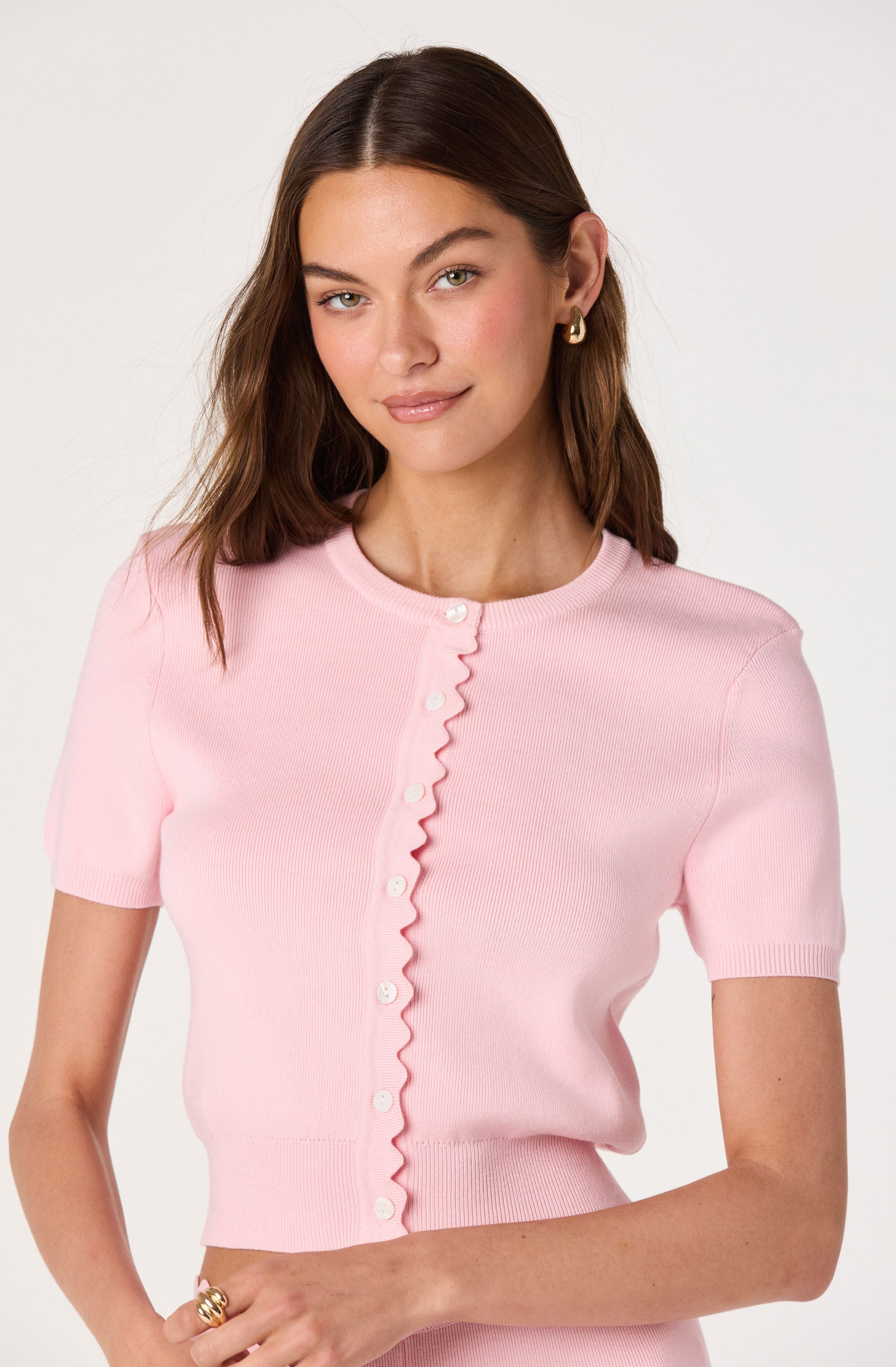 Scalloped Placket Ribbed Cardigan