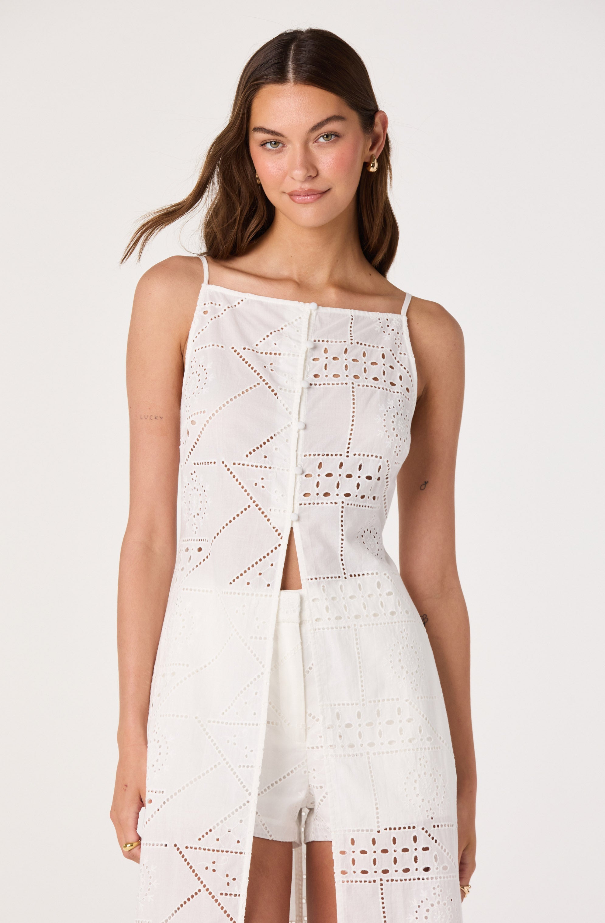 Mercy Eyelet Button-Front Tunic Top