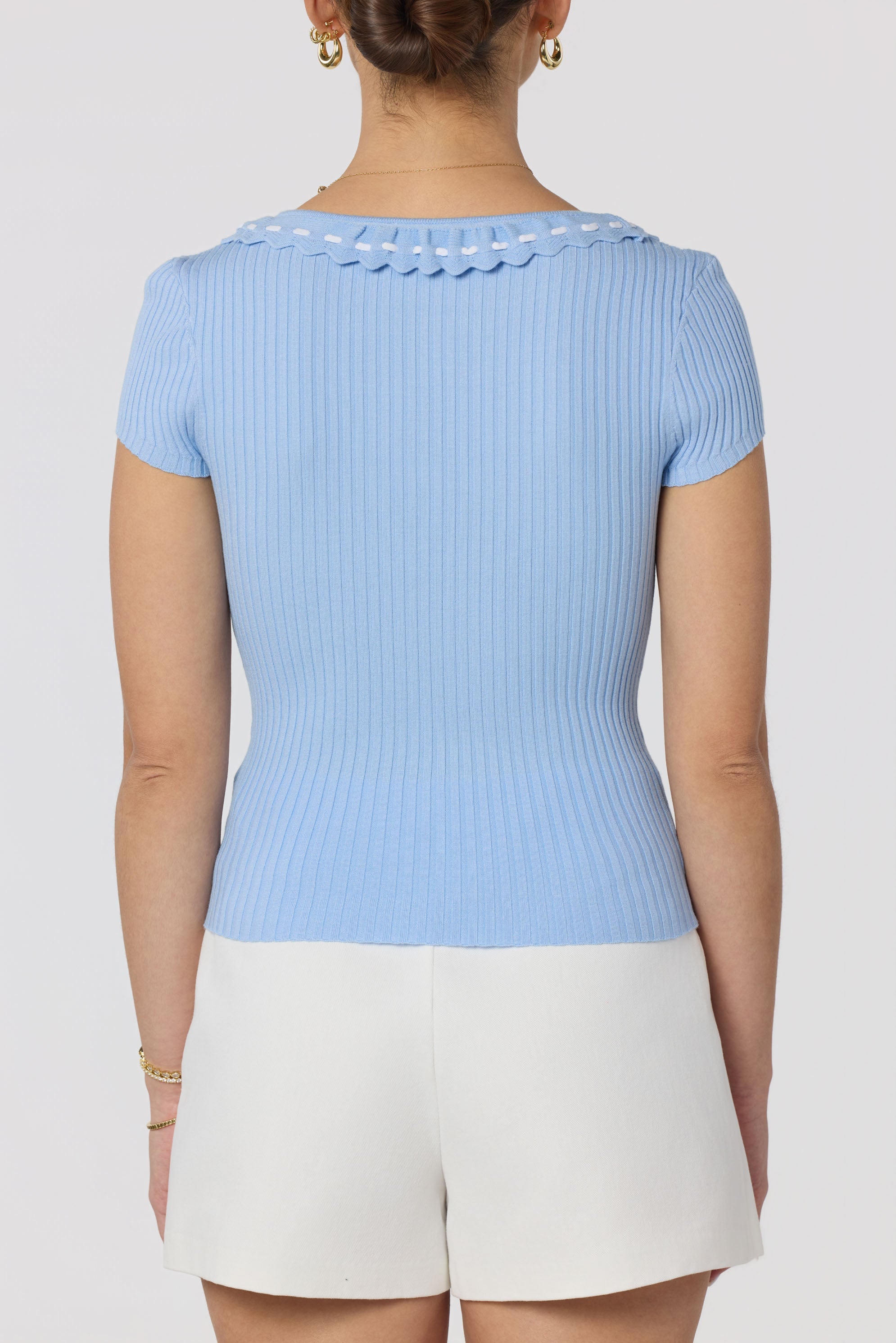 Lina Ruffle Trim Ribbed Sweater Top