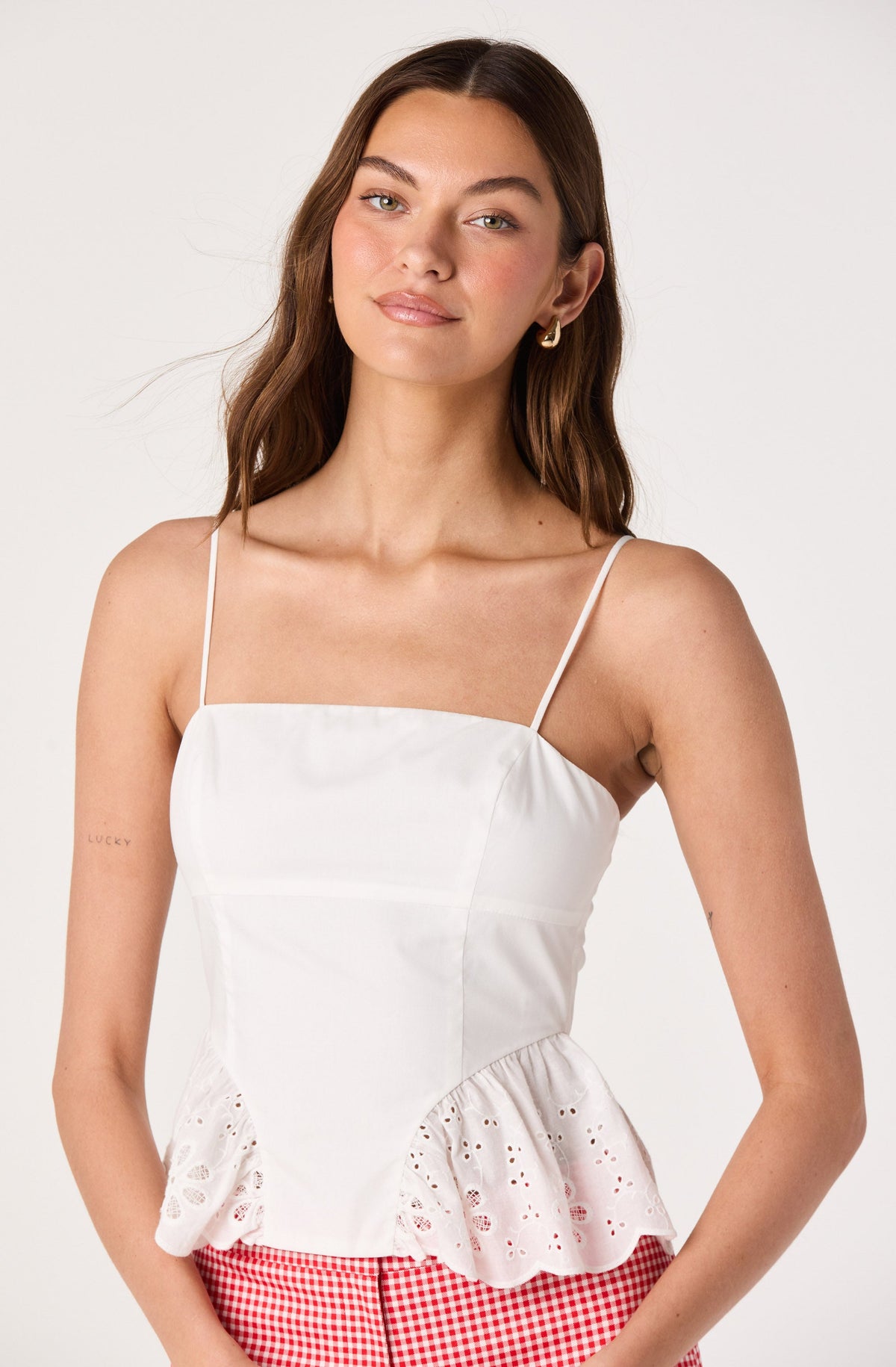 Teale Eyelet Scalloped Peplum Cropped Top