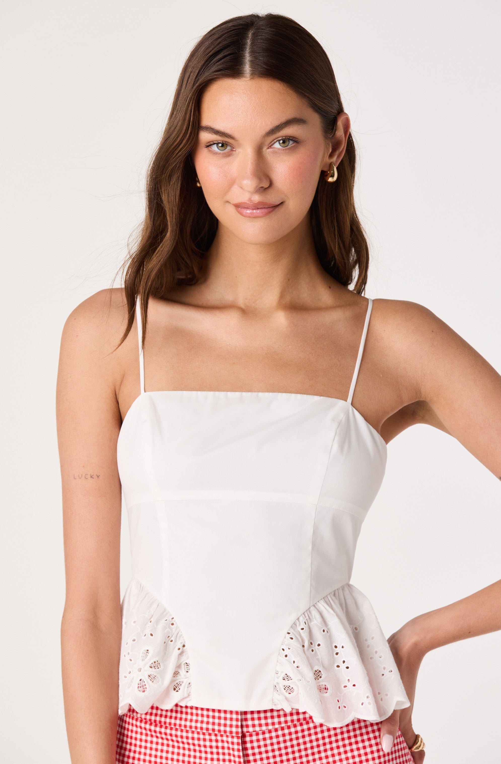 Teale Eyelet Scalloped Peplum Cropped Top