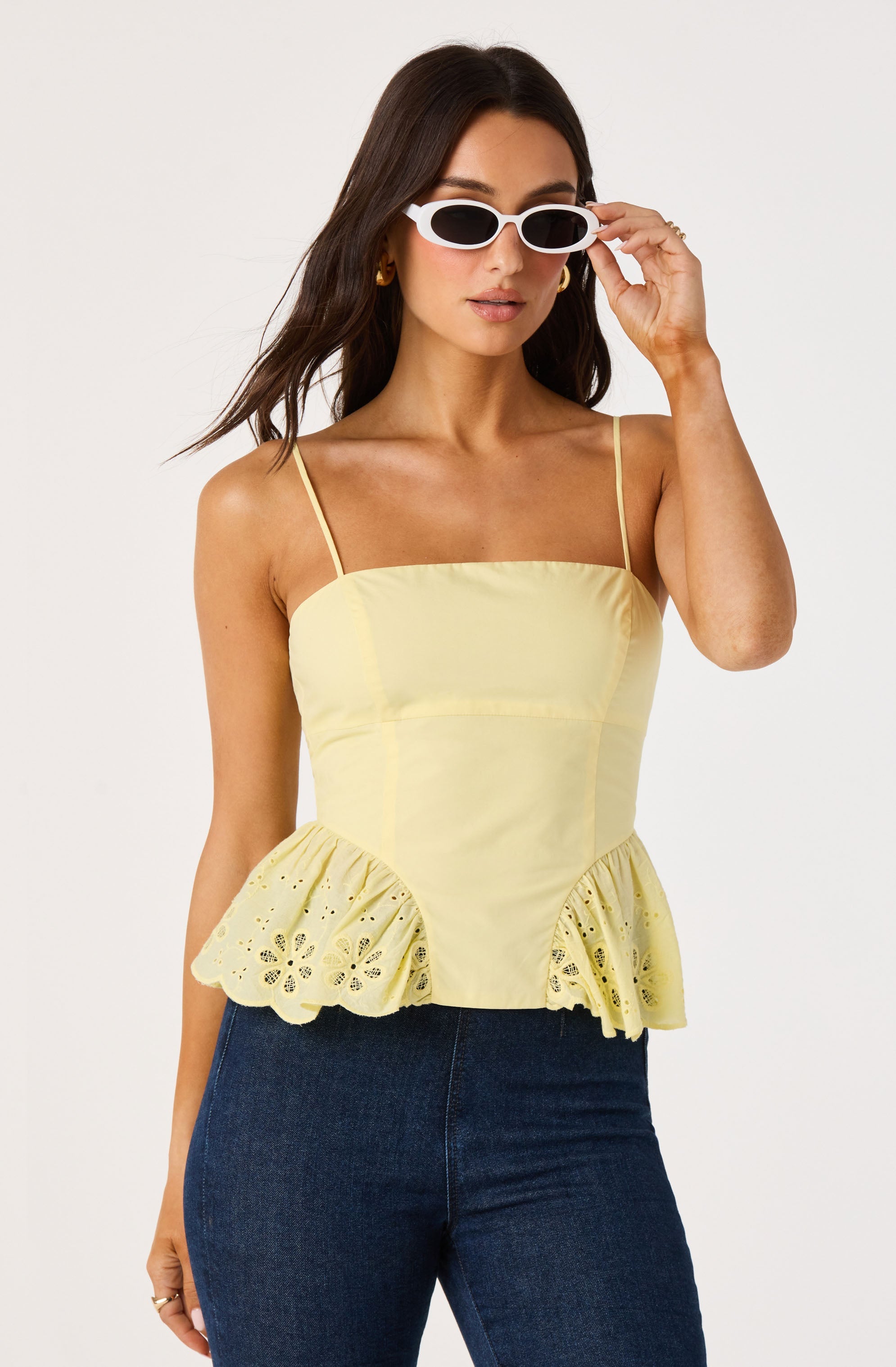 Teale Eyelet Scalloped Peplum Cropped Top