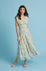 V-Neck Pleated Floral Midi Dress